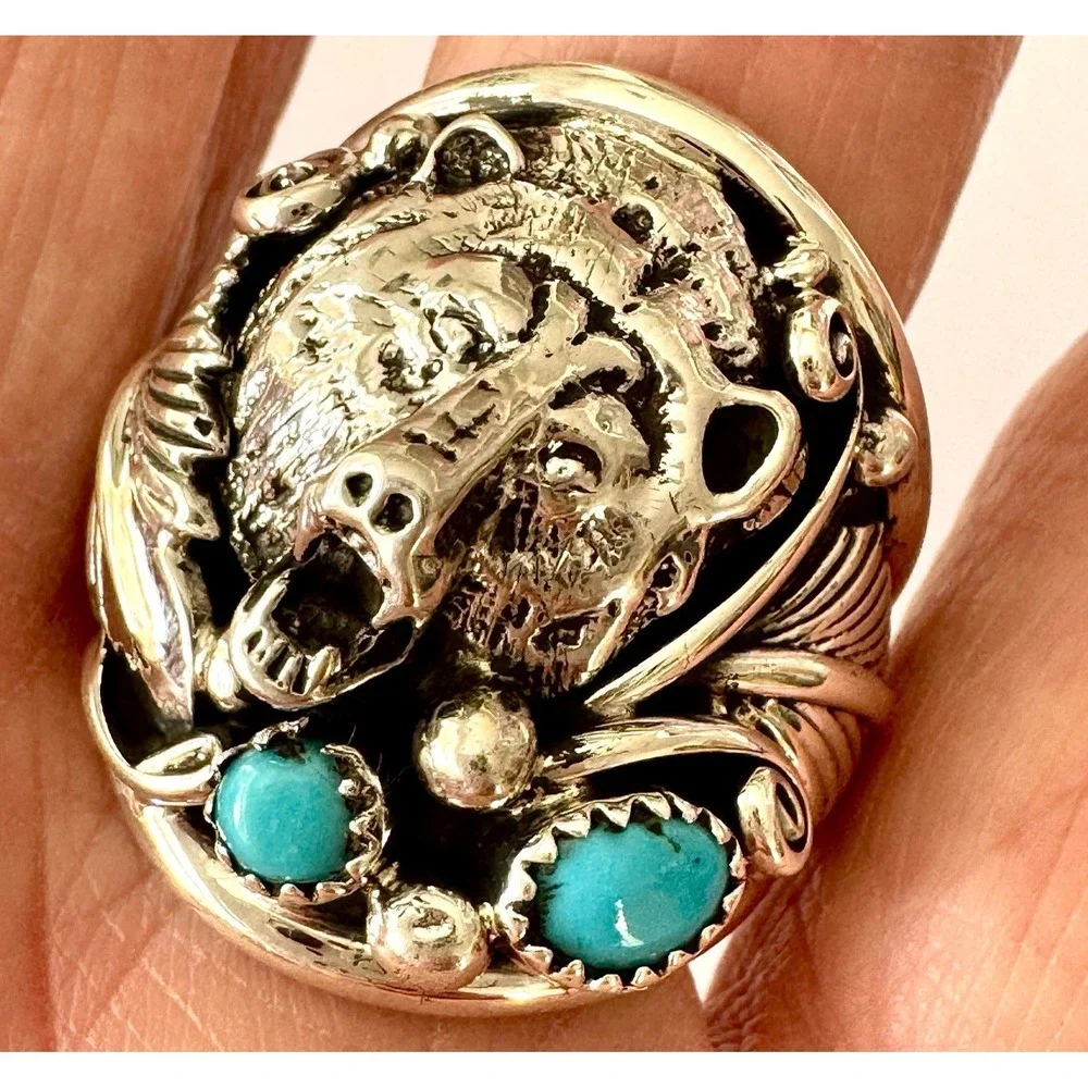Bear Head Navajo Mens Ring‎ Kingman Turquoise Sz 13 Sterling Signed Sanders